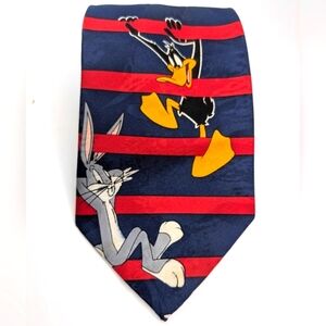 Looney Tunes Tie - Marvin Martian, Bugs Bunny, Taz & More - Red/Blue Stripes